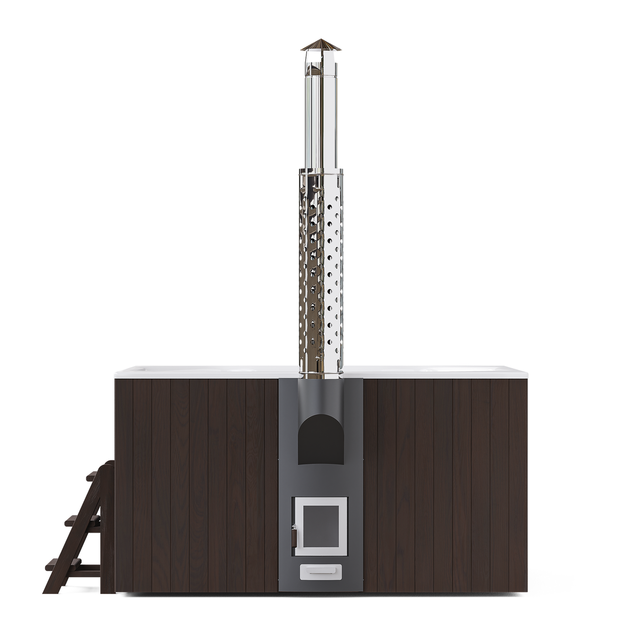 wellmia® Elite Quattro 200 | Badefass Set mit integriertem Holzofen, Schornsteinsystem, Thermodeckel, Holzleiter und Ablagefläche | 2 x 2
