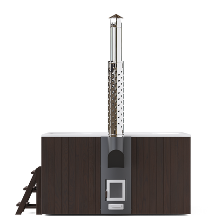 wellmia® Elite Quattro 200 | Badefass Set mit integriertem Holzofen, Schornsteinsystem, Thermodeckel, Holzleiter und Ablagefläche | 2 x 2