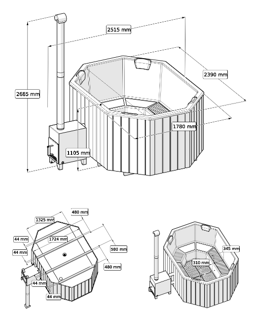 HotTub Badefass mit GFK-Einsatz für 6 Personen | 2,40×1,80