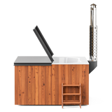 wellmia® Elite Quattro 200 | Badefass Set mit integriertem Holzofen, Schornsteinsystem, Thermodeckel, Holzleiter und Ablagefläche | 2 x 2